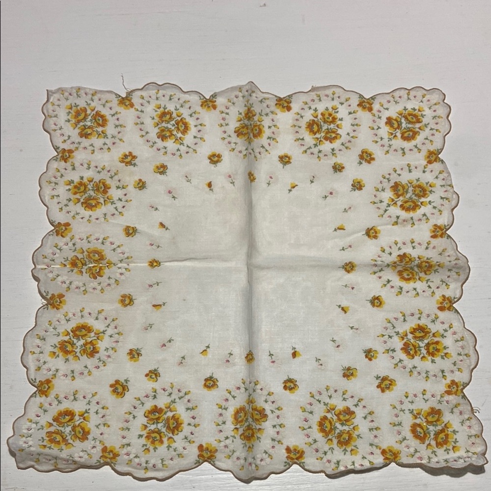 Vintage Yellow Floral Wavy Edge Handkerchief
